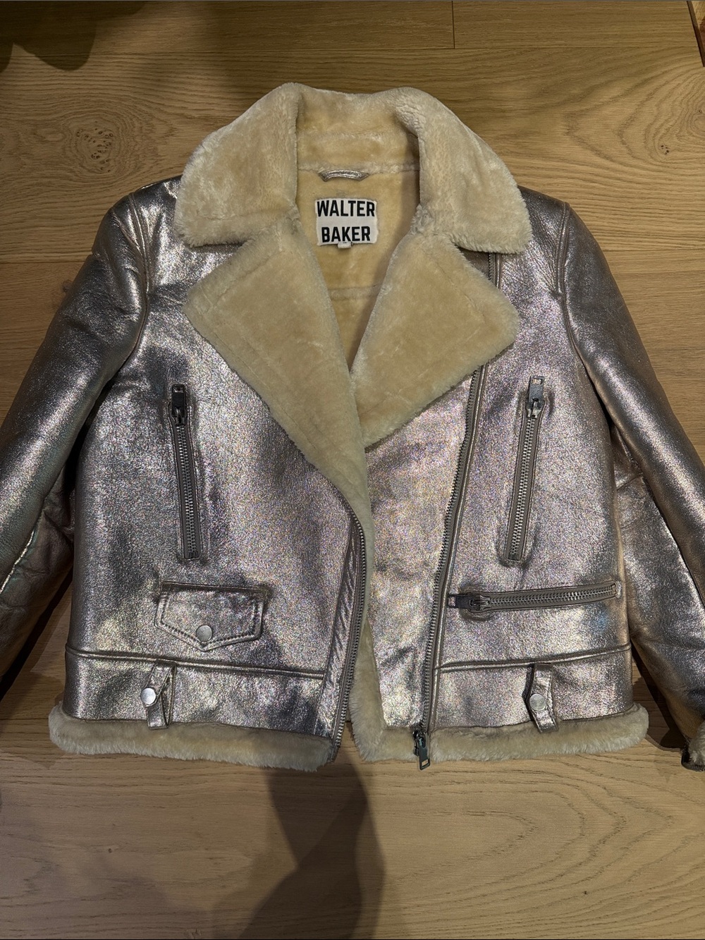 Walter Baker Iridescent Silver Moto Shearling Jacket